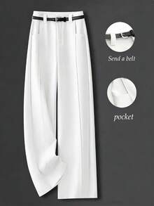 Franclia Pantalones rectos de cintura alta con ajuste holgado y cinturón, color caqui, versátiles para uso casual y de negocios, pantalones de trabajo para primavera/otoño para mujeres, pantalones envolventes, jeans blancos para mujer, pantalones largos para mujer - Blanco - Ver 3
