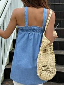 Sunnyshic 女士休闲荷叶边吊带牛仔衬衫 - 藍色 - 查看 2