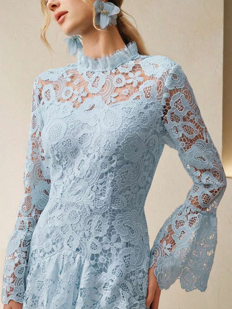 Anewsta Vestido de manga larga con volantes, cintura ceñida y dobladillo con volantes, elegante para mujer, adecuado para primavera, Año Nuevo, fiesta, boda, elegante, estiloso, formal, trabajo, Acción de Gracias, graduación, Navidad, festival, elegante, Día de San Valentín - Celeste - Añade 2