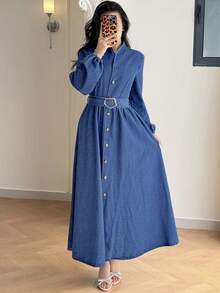 Modelyn Đầm denim nữ thời trang thường ngày, kiểu dáng bất đối xứng, thắt lưng tròn. - Rửa trung bình - Xem 7