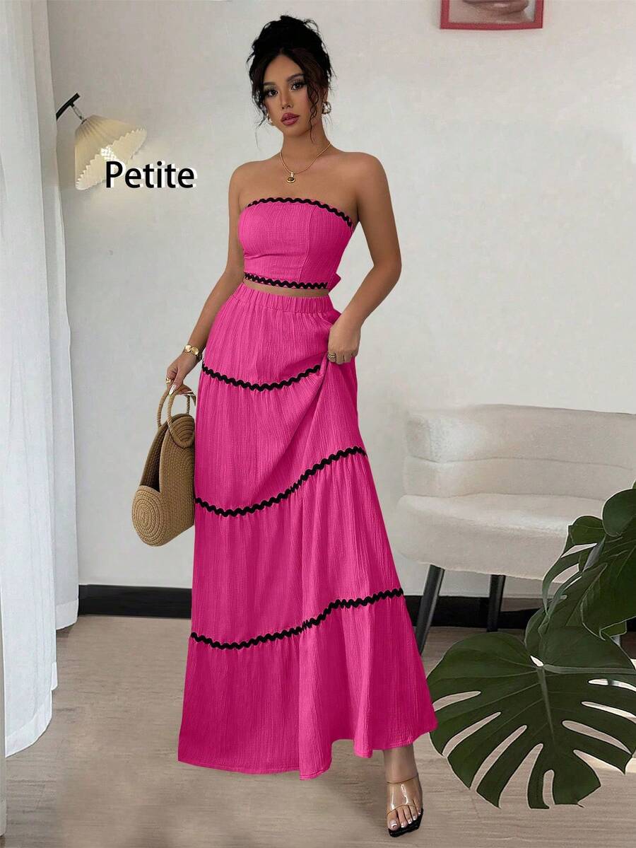 Rafferiza Petite 2件套女士优雅撞色上衣和裙子套装 - 玫紅色 - 查看 1