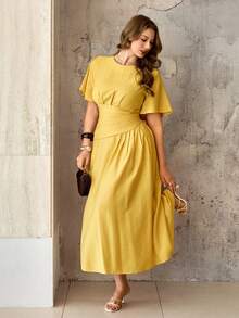 Roveilla Women's Mustard Yellow Summer Elegant Tea Party Dress,French Vintage Chiffon Round Neck Puff Sleeve Cinched Waist Ruched Gown Wedding Guest Dress - Light Yellow - View 1