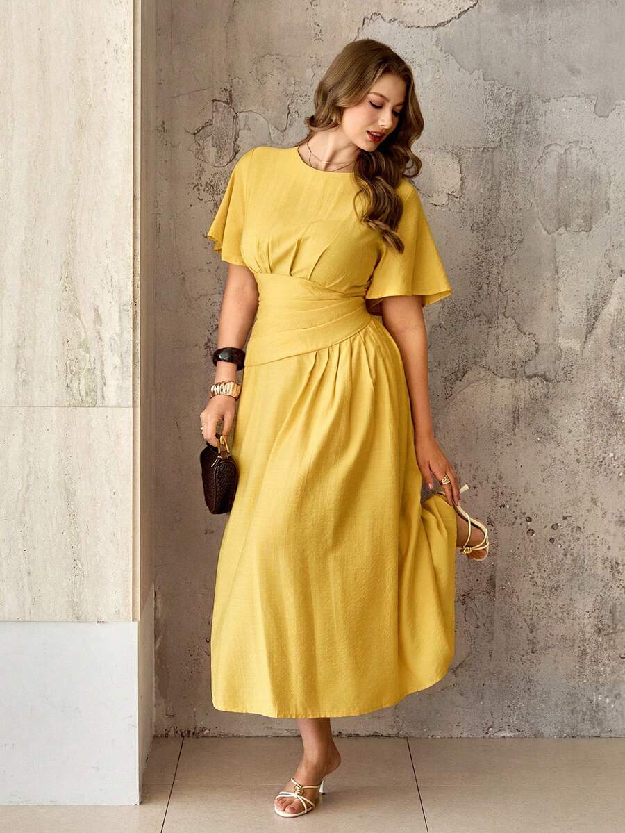 Roveilla Women's Mustard Yellow Summer Elegant Tea Party Dress,French Vintage Chiffon Round Neck Puff Sleeve Cinched Waist Ruched Gown Wedding Guest Dress - Light Yellow - View 1