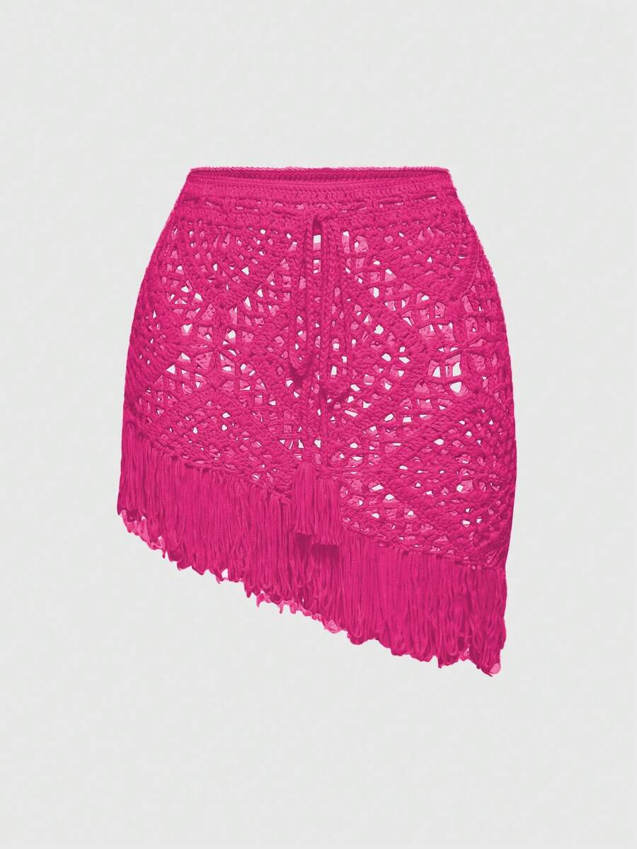 ROMWE Women's Fairycore Crochet Tassel Vacation Style Skirt - Hot Pink - View 1