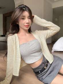 DAZY Áo kiểu ren khoét lỗ màu vàng, thời trang cho tiệc tùng, lễ hội âm nhạc, kỳ nghỉ biển thường ngày, áo cardigan ngắn cho nữ, mùa xuân & hè. - Màu be - Xem 6