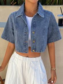 DAZY 女士休闲日常水洗前扣短袖牛仔衬衫 - 藍色 - 查看 3