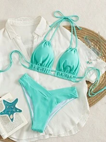 Swim Chiccia Set Pakaian Renang Bikini Seksi Wanita Musim Panas Warna Polos dengan Tali Leher untuk Pantai - Mint Green - View 6