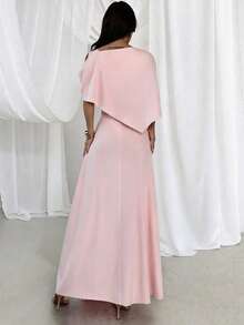 Firerie 优雅浪漫正式不对称领高腰褶皱 A 字连衣裙，适合舞会、派对、度假，粉色 - 粉色 - 查看 5