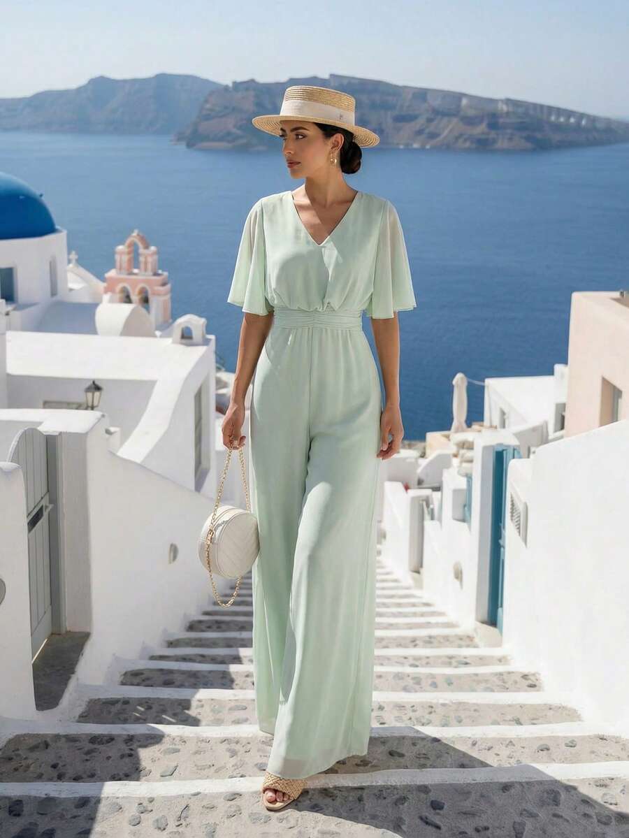 Firerie Women's Elegant Casual Chiffon V-Neck Flare Sleeve High Waist Wide Leg Jumpsuit, Mint Green, Suitable For Summer, Daily Wear, Vacation - Mint Green - View 1