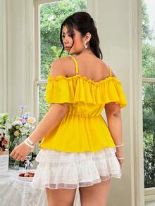 Celure Camiseta con diseño de volantes en las mangas y corte peplum, de unicolor y romántico, talla grande - amarillo ganso - Ver 2