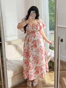 CovetEZ Vestido de manga corta con cuello cuadrado y estampado floral, talla grande, primavera/verano - Rosa - Ver 3