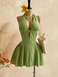 Soleia 女士波点V领镂空腰A字迷你连衣裙，适合派对、圣诞节、约会、夜店、波西米亚风、度假、秋季、复古、情人节等场合。 - 綠色 - 查看 6