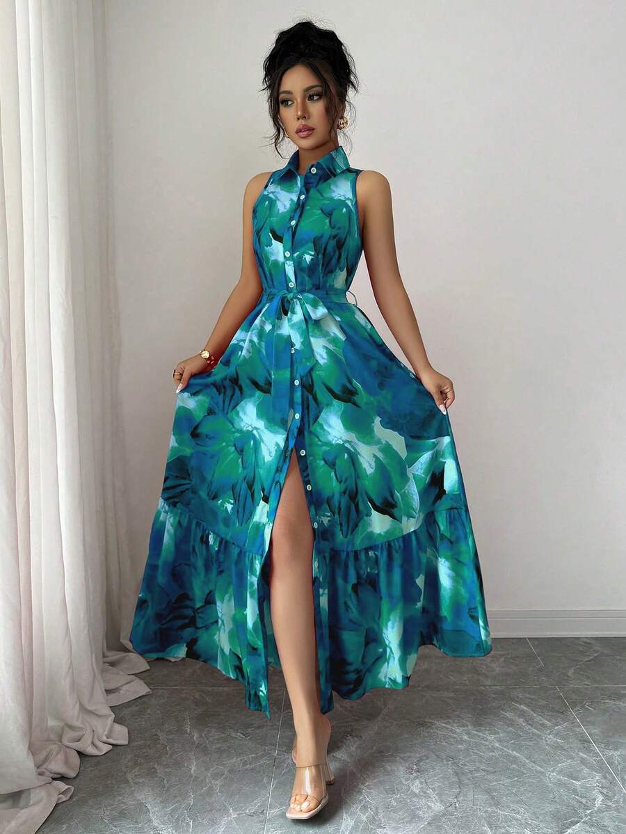 Elenzga 女士印花单排扣荷叶边无袖连衣裙，适合度假 - 綠色 - 查看 1