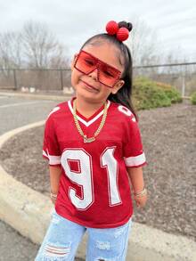 Young Girl's Fashionable Spring/Summer Street Style Red Sports Jersey Mesh Baseball Tee, V-Neck - Red - View 4