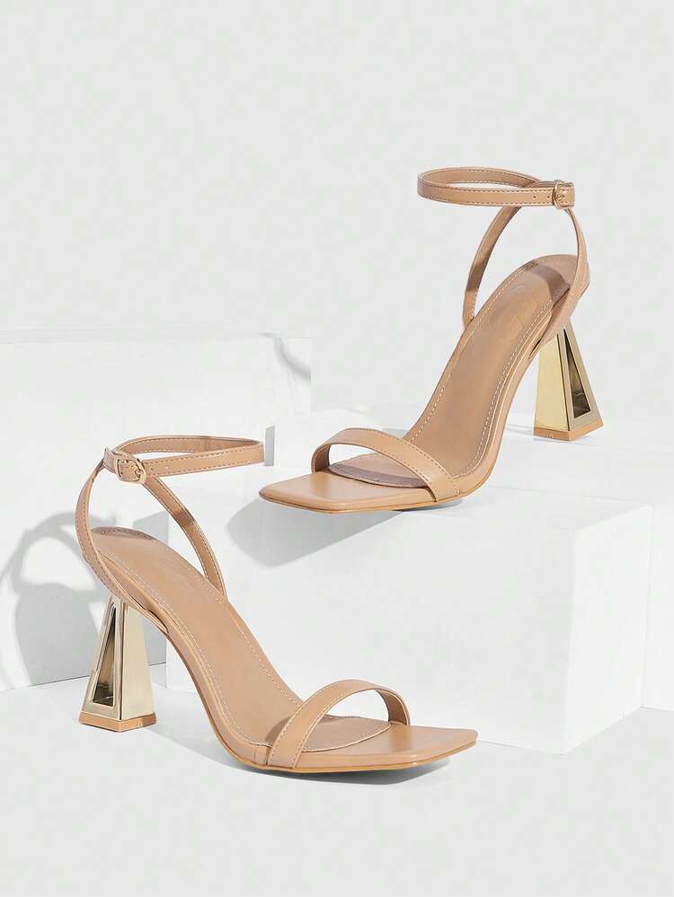 CUCCOO SZL Women's Gold Square Toe Chunky Heel Slip On Sandals, Sexy And Versatile