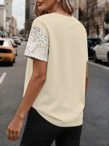 EMERY ROSE Women's Lace Print T-Shirt, Comfortable Casual Round Neck Short Sleeve, Suitable For Daily Wear - Apricot - View 2