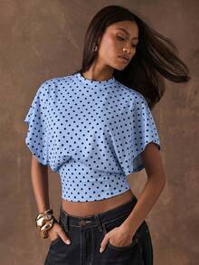 SHEIN BAE 女士波点印花圆领蝙蝠袖收腰T恤 - 淺藍色 - 查看 4