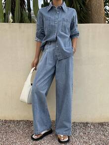 DAZY 女士休闲水洗口袋衬衫和阔腿牛仔裤套装，春秋季 - 中等水洗藍 - 查看 6