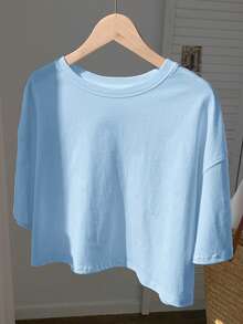 Comfortcana Áo thun nữ tay ngắn cổ tròn màu xanh nhạt, kiểu dáng thường ngày, thích hợp cho mùa hè. - Màu xanh nhạt - Xem 3