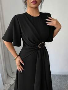 Elenzga 女士优雅休闲通勤度假下午茶派对纯色圆领交叉系带金属扣腰A字长袖喇叭袖口连衣裙，春/秋/冬 - 黑色 - 查看 3