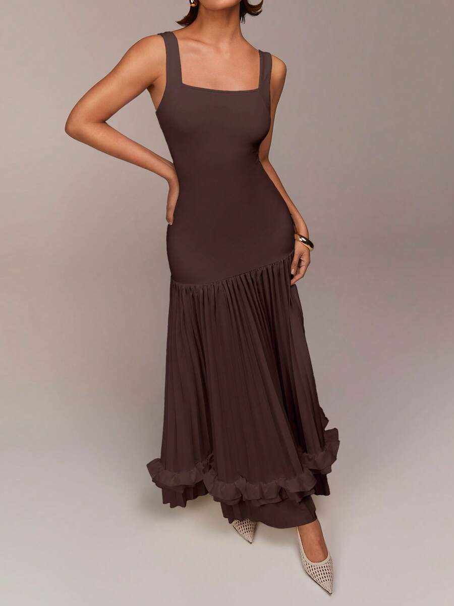 COSMINA Vestido de mujer sin mangas con cuello cuadrado, tela elástica de punto con diseño de patchwork, diseño plisado, detalle de volantes, vestido extra largo, adecuado para fiestas, reuniones, bodas, festival de primavera, San Valentín, citas, color albaricoque, vestido de verano, vestido de invitada de boda, vestido romántico - Marrón - Ver 1