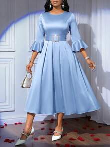 SHEIN Lady Women's Blue Round Neck Flare Sleeve Elegant Mid-Length Dress - Blue - View 5