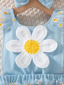 SHEIN 2件套女婴夏季新款圆领大碎花连体衣，带背带和网纱雏菊印花，休闲可爱套装+蝴蝶结发带 - 綠色 - 查看 6