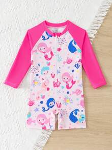 Baby Girl Mermaid Print Color Block One-Piece Swimsuit, Beach Vacation - Red - View 5