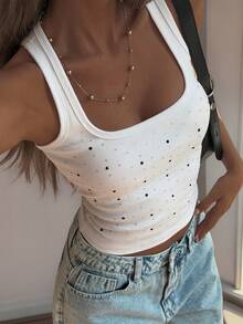 DAZY 女士全镶钻方领吊带背心 - 白色 - 查看 5