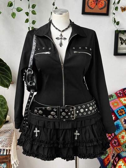 Sunspun Plus Size Women Zipper Eyelet Decor Casual Versatile Daily Wear Blazer