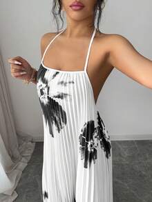 SHEIN Elenzya Women's Loose Fit Pleated Printed Maxi Dress, Elegant Casual Vacation Commute Style, Spring/Summer - White - View 3
