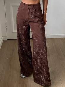 DAZY Women's Regular Waist Rhinestone Embellished Loose Straight Leg Casual Brown Jeans - Brown - View 7