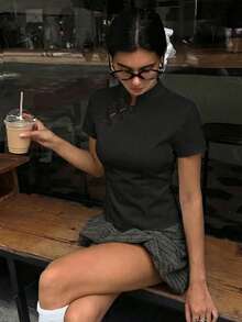 Aloruh 女士休闲纽扣短袖中国风衬衫 - 彩色 - 查看 5