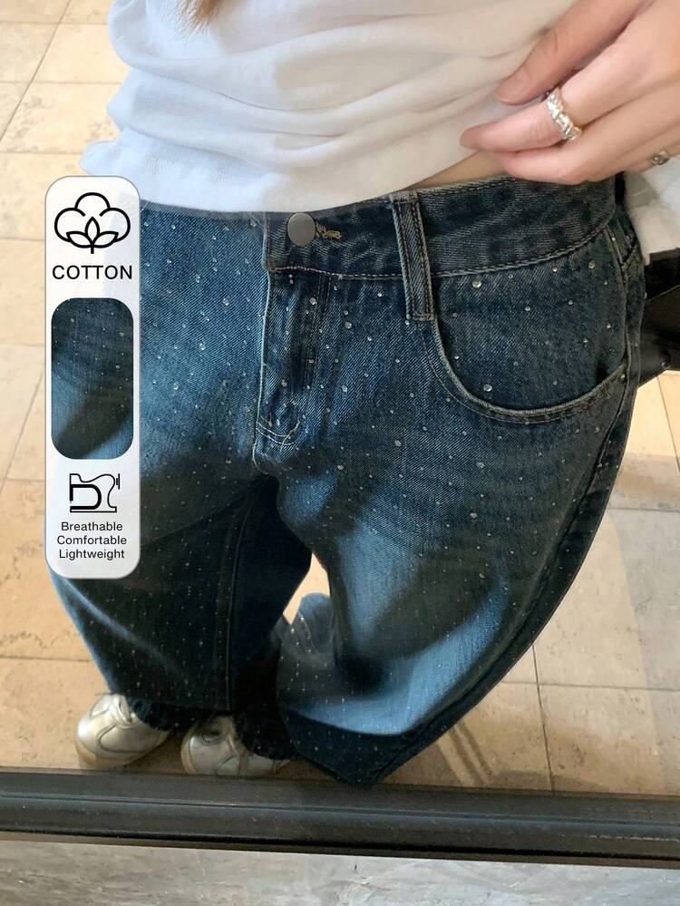 Women's Pocketed Button Rhinestone Embellished Casual Versatile Daily Wear Wide Leg Jeans