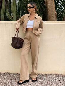 DAZY Women's Fashion Jacket & Straight Leg Jeans Set - Khaki - View 3