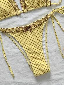 Swim Mod 2pcs/Set Brown And Yellow Polka Dot Bikini,Summer Cute Retro Vintage Beach Holiday Ruffle Bow Halter Triangle Top Side Tie Bathing Suit - Yellow - View 1