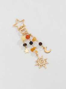 ROMWE Fairycore 1 Piece Bohemian Style Multi-Colored Crystal Beaded Tassel Keychain, Star, Moon And Sun Pendant Keychain, For Decoration, Bag Pendant, Gifts For Classmates, Friends And Family - Yellow Gold - View 3
