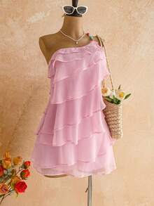 SHEIN WYWH 女士纯色荷叶边单肩无袖迷你连衣裙 - 粉色 - 查看 1