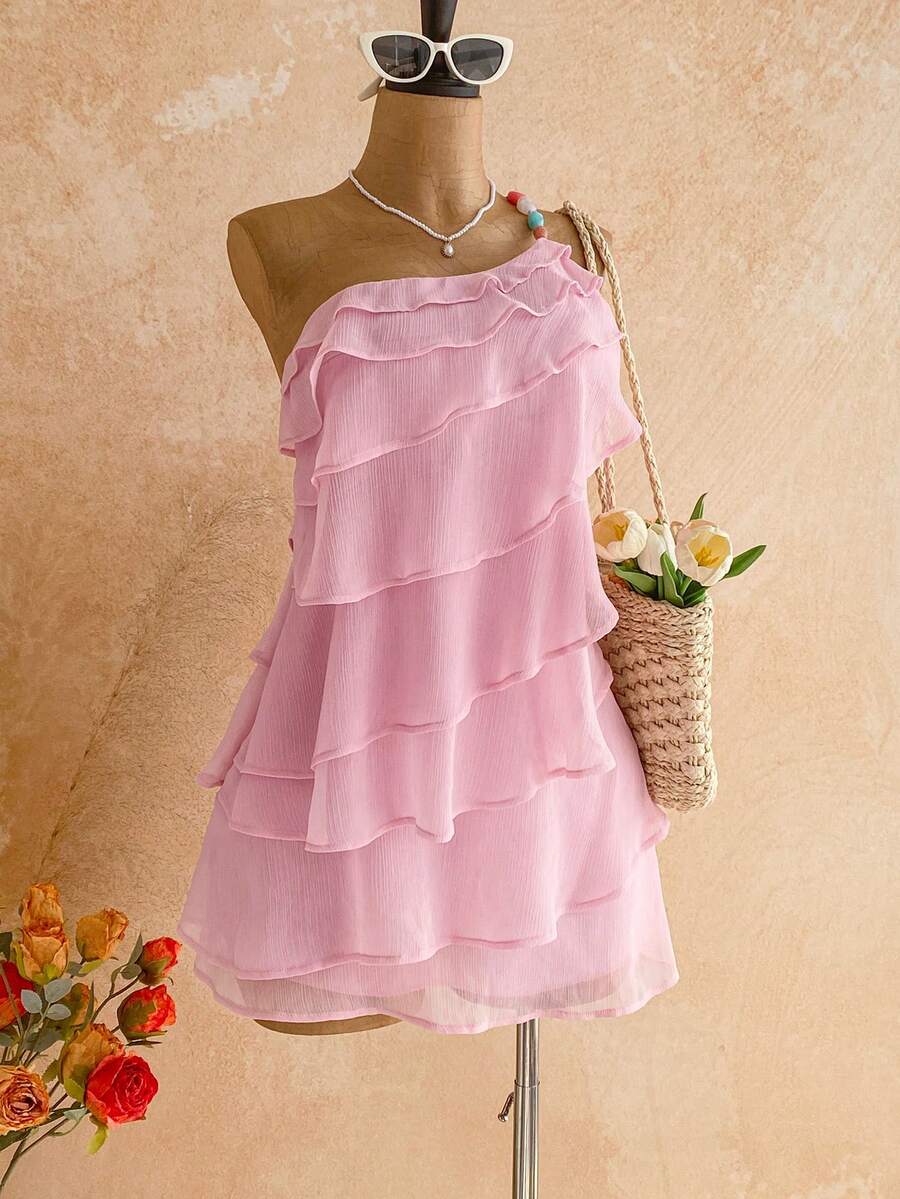 SHEIN WYWH 女士纯色荷叶边单肩无袖迷你连衣裙 - 粉色 - 查看 1