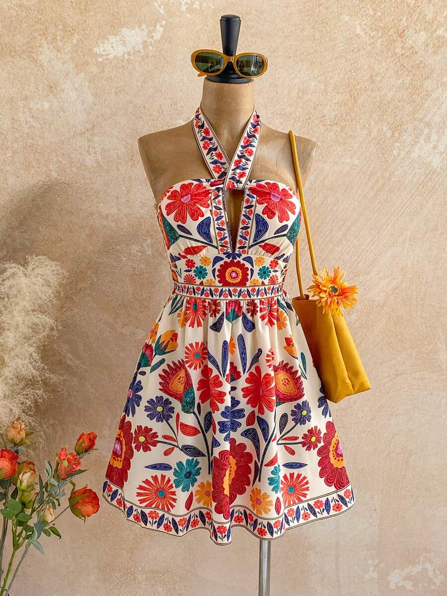 Soleia Women's Summer Vacation Floral Print Tie Knot Waist Dress - Multicolor - View 1