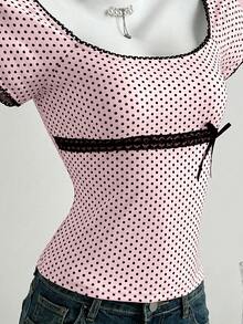 Elamini 女士休闲通勤T恤，波点拼接撞色蕾丝 - 粉色 - 查看 4