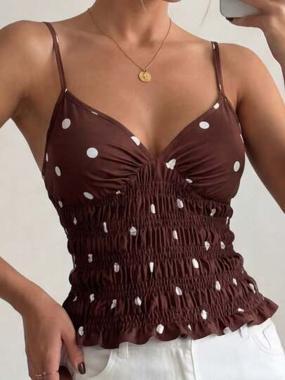 Pariaura Women's Brown Polka Dot Print Slim-Fitting Tank Top, Casual, Sexy, Summer, Summer Top, Summer Outfit, Summer Clothing, Summer Outfit, Beach, Women's Beach Outfit, Beach Outfit, Women's Elegant Top, Women's Casual Top, Women's Vacation Outfit, Vacation Holiday, Summer Holiday Outfit, Holiday Outfit, Y2K Style, Y2K Style Top, Women's Commuting Outfit, Women's Office Outfit, Social Top/Workwear Top, Women's Work Attire, Women's Office Attire, Women's Office Wear, Polka Dot, Polka Dot Top, Brown Top.Graduation Season Attire, Fashionable Casual Commuter Wear, Business Office Wear, Versatile And Stylish Everyday Casual Wear, Urban Teacher's Professional Attire