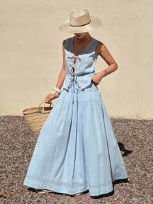 Livesso Women's Summer Blue Lace-Up Blouse And Casual Skirt 2 Pieces Set, Suitable For Holidays, Weddings, Graduations, Easter - Blue - View 6