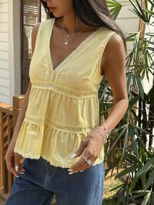 Strévra 100%纯棉蕾丝拼接纯色V领收腰度假背心，女士款，黄色，夏季 - 淡黃色 - 查看 4