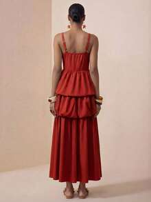 Zivah 2026春夏新款音乐节、复活节、圣帕特里克节、情人节、约会、西部风、游牧风、生日派对、毕业典礼、学院风、学生装、日常穿着、百搭基础款、休闲装、度假、邮轮旅行、海滩、日光浴、爆款、街头风、婚礼宾客波西米亚风、通勤、早午餐、机场、派对、假日郊游、办公室穿着无袖多层印花A字长裙，亚麻面料，红棕色酒红色长裙女装层叠连衣裙女士连衣裙红色连衣裙 - 棕色 - 查看 3