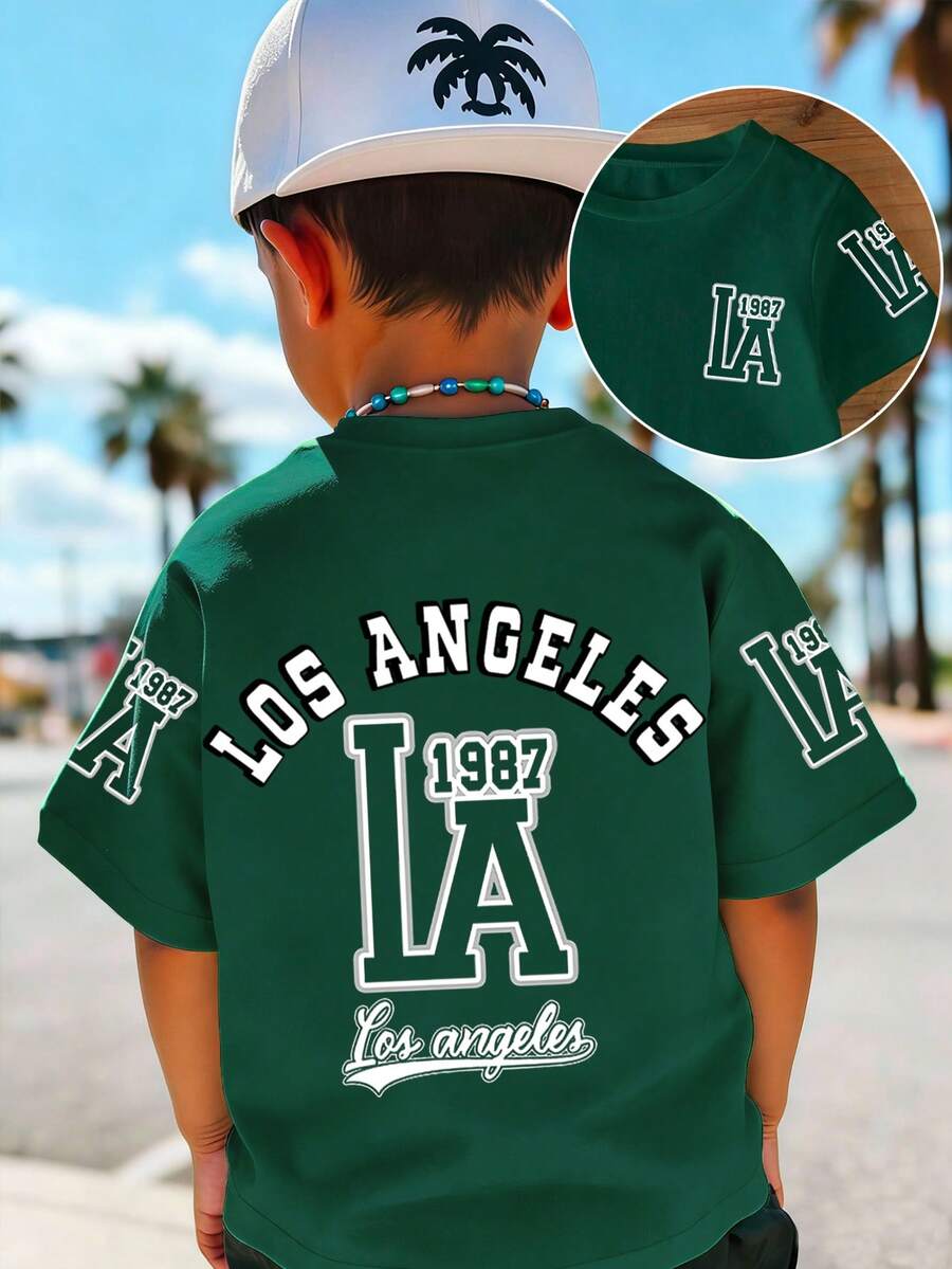 男童短袖圆领T恤，字母印花，橄榄绿，街头风，百搭春夏时尚单品 - 墨綠色 - 查看 1