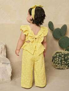 2Pcs Baby Girl Summer Pastel Yellow Cute Vacation Outfit,Ruffled Bow Top And Trousers Set,Lemon Floral Linen Clothes For Toddler Girls Summer Coord - Yellow - View 7