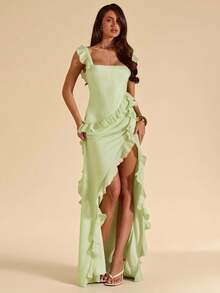 SHEIN BAE Đầm dài màu xanh lá chanh cổ vuông, xếp ly, xẻ tà cao, chất liệu chiffon thanh lịch, thích hợp cho tiệc sinh nhật, phù dâu, khách dự đám cưới, đi nghỉ mát biển, đầm xếp ly. - Màu xanh chanh - Xem 1