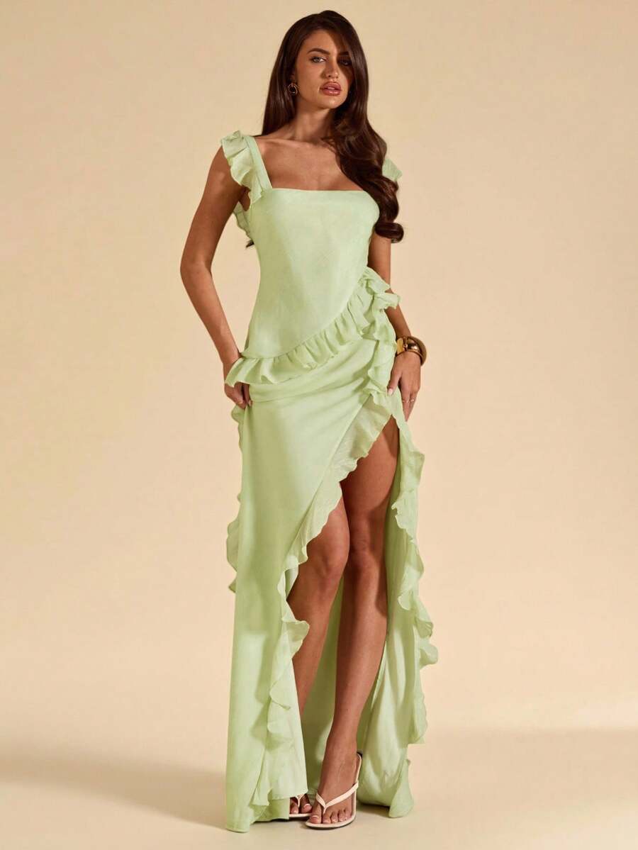 SHEIN BAE Đầm dài màu xanh lá chanh cổ vuông, xếp ly, xẻ tà cao, chất liệu chiffon thanh lịch, thích hợp cho tiệc sinh nhật, phù dâu, khách dự đám cưới, đi nghỉ mát biển, đầm xếp ly. - Màu xanh chanh - Xem 1