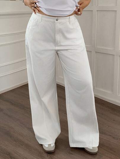 Dazy Plus Plus Size Women Straight Leg Long White Jeans, Casual All Season